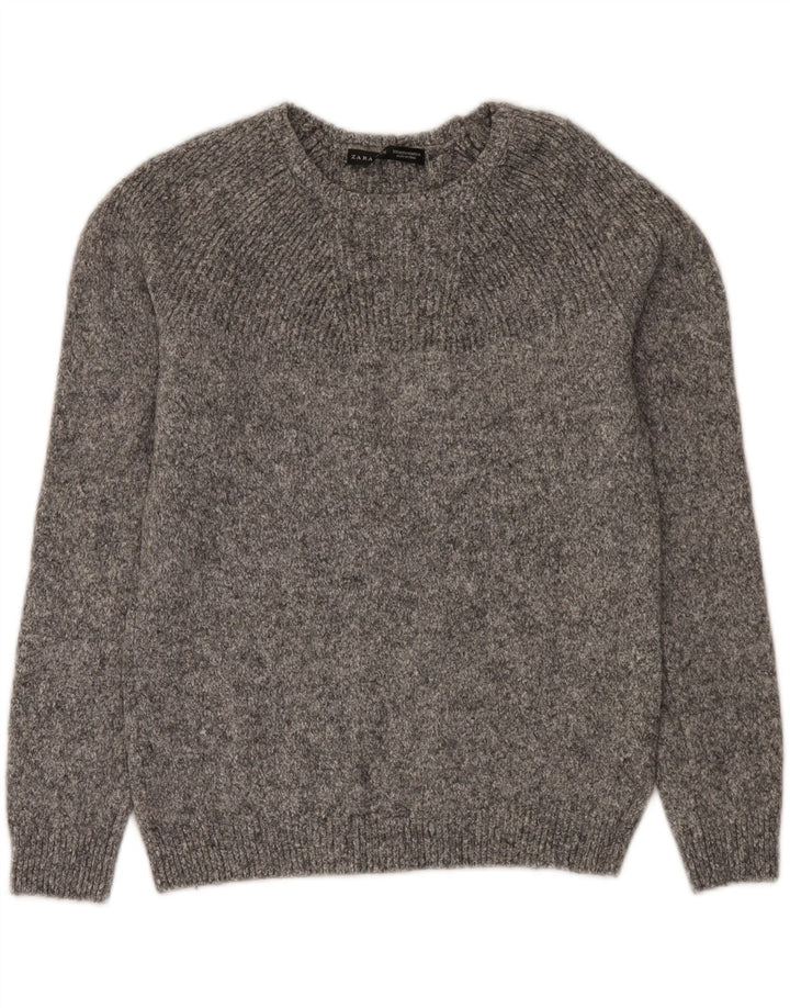 Zara Herren-Pullover mit U-Boot-Ausschnitt, mittelgrau gesprenkelte Wolle
