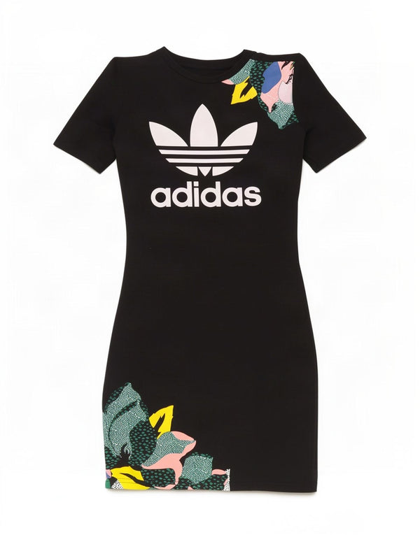 Adidas Damen Her Studio London Graphic T-Shirt-Kleid UK 6 XS Schwarz geblümt