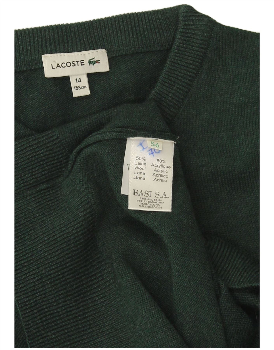 Lacoste Jungen-Pullover mit Rundhalsausschnitt, 13–14 Jahre, grüne Wolle
