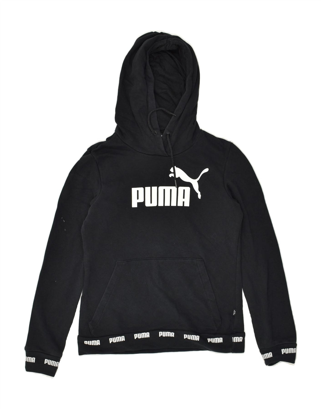 PUMA Womens Graphic Hoodie Jumper UK 10 Small Black Cotton | Vintage Puma | Thrift | Second-Hand Puma | Used Clothing | Messina Hembry 