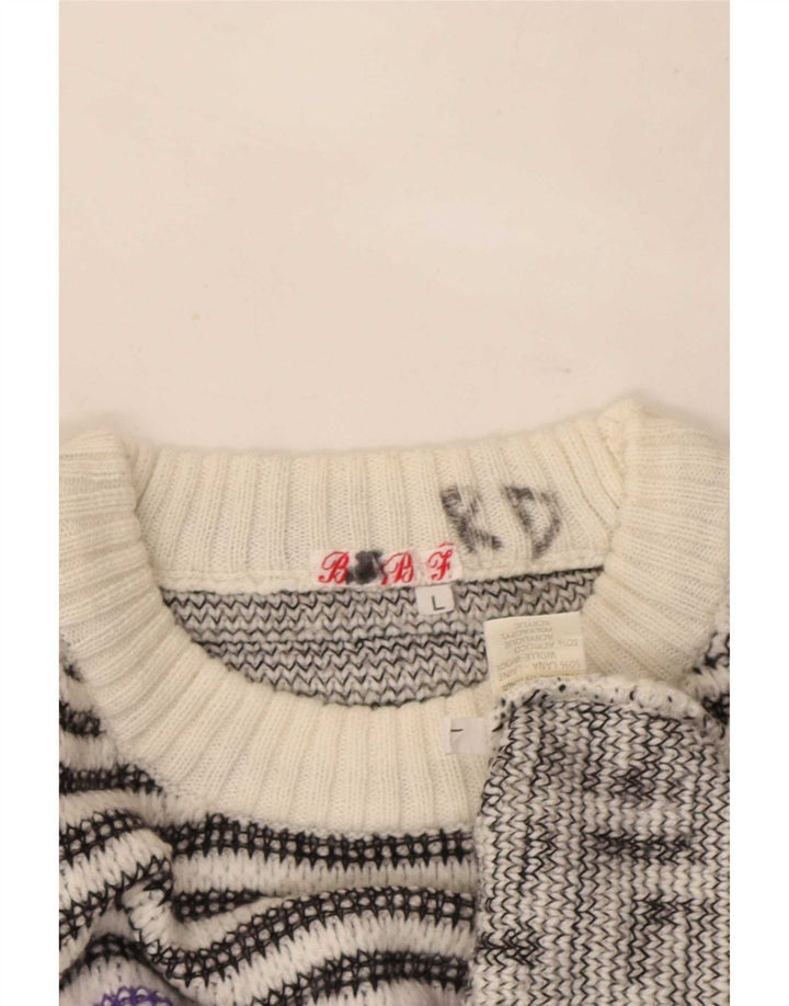 Vintage Herren-Pullover mit Rundhalsausschnitt, große weiße geometrische Wolle
