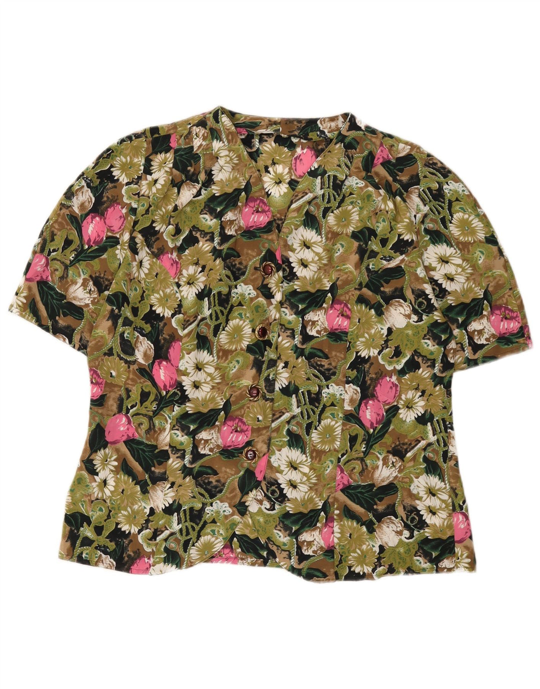 Vintage Damen Kurzarm-Hemdbluse IT 42 Mittelgrün geblümt