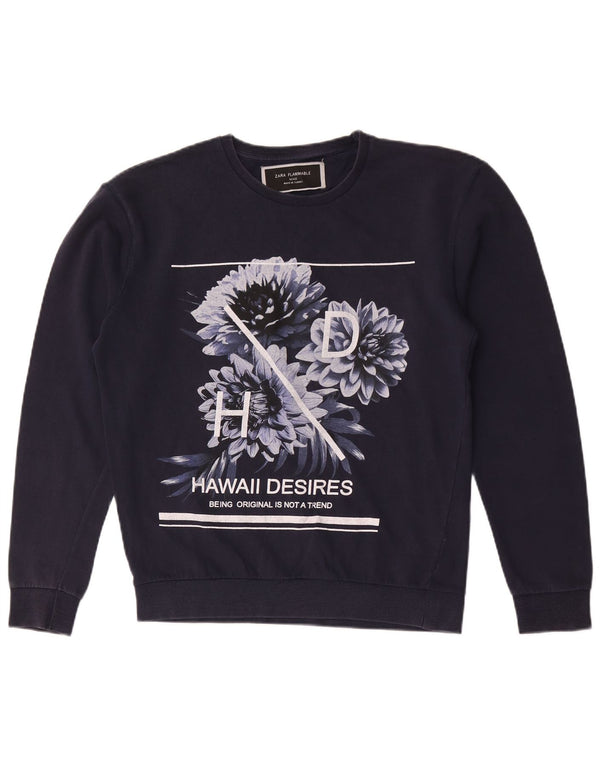 Zara Damen Grafik-Sweatshirt-Pullover UK 14 Mittel Marineblau mit Blumenmuster