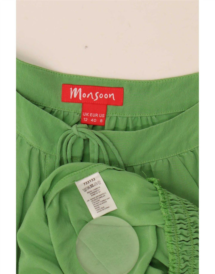 Monsoon Damen-Blusenoberteil mit 3/4-Ärmeln, UK-Größe 12, mittelgrüne Seide
