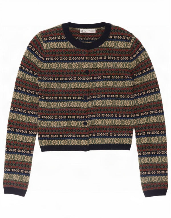 Zara Damen-Cardigan-Pullover UK 10 Kleines mehrfarbiges Fair-Isle-Polyamid