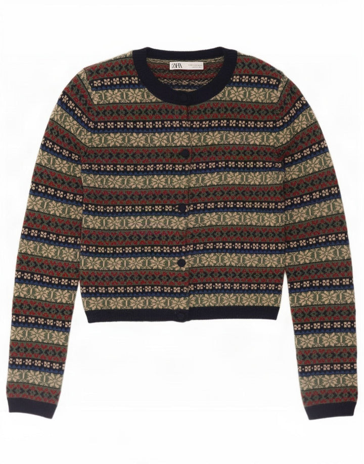 Zara Damen-Cardigan-Pullover UK 10 Kleines mehrfarbiges Fair-Isle-Polyamid