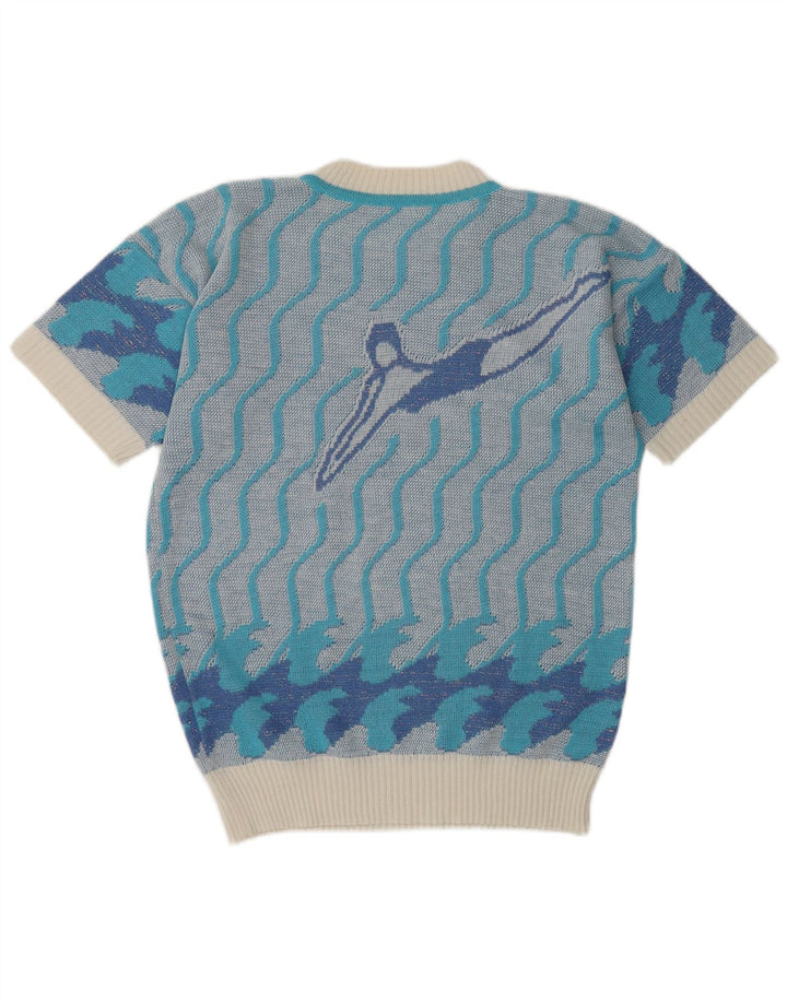 Vintage Damen Pullover mit grafischem Rundhalsausschnitt, Gr. 14, Mittelblau