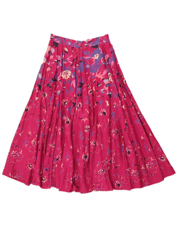 Vintage Damen Faltenrock in A-Linie W24 XS Rosa Blumen Viskose