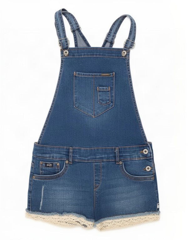 Superdry Damen Latzhose Denim Shorts UK 10 Small W30 Blaue Baumwolle