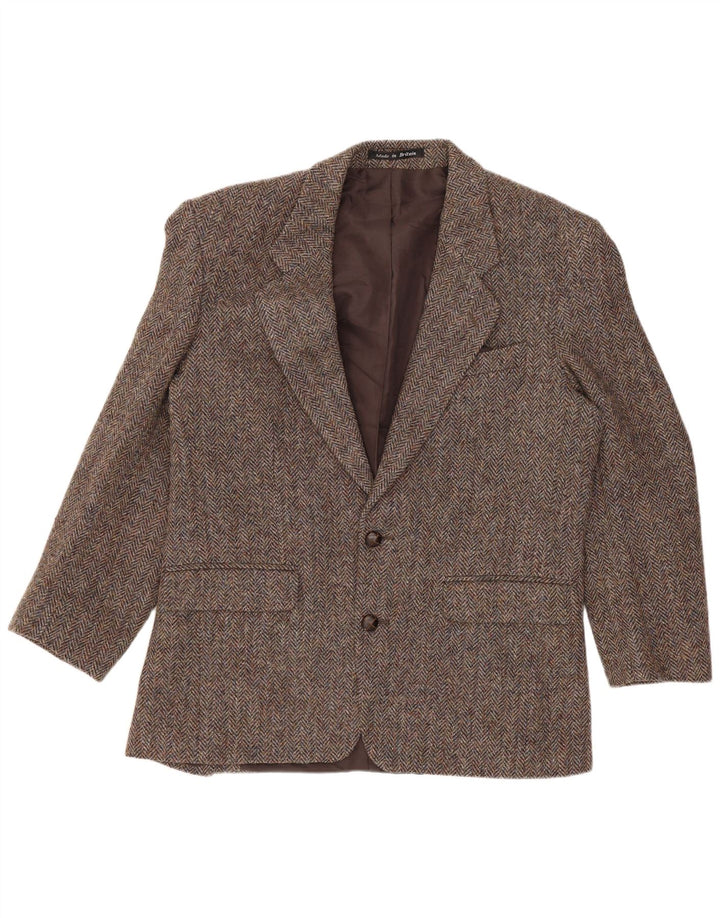 Harris Tweed Herren-Blazer mit 2 Knöpfen, UK 40, große braune Wolle mit Fischgrätenmuster