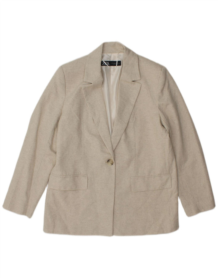 Zara Damen-Blazer mit 1 Knopf, UK 14, Mittelbeige, Fischgrätenmuster, Acetat