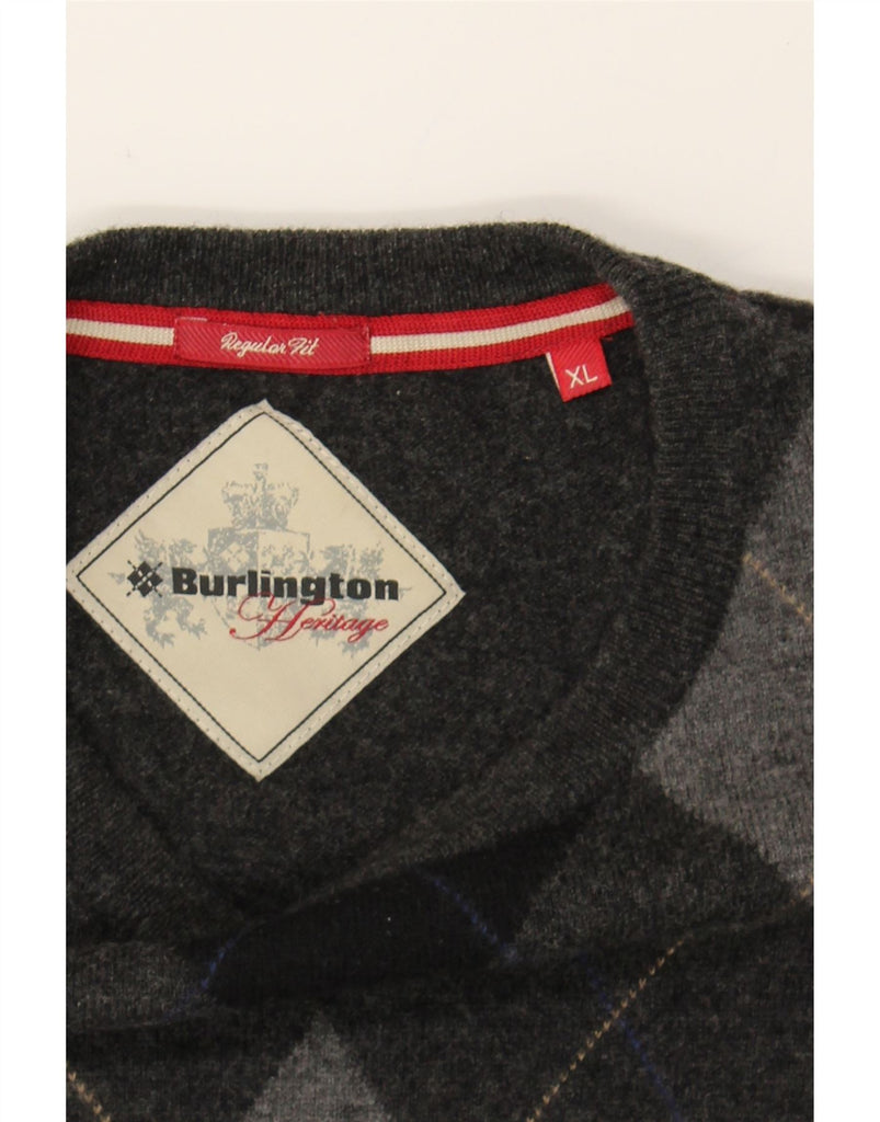 BURLINGTON Mens Heritage Crew Neck Jumper Sweater XL Grey Argyle/Diamond Vintage Burlington and Second-Hand Burlington from Messina Hembry 