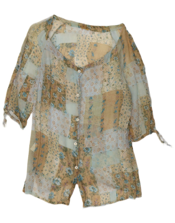 Vintage Damen 3/4-Ärmel-Hemdbluse UK 16 Großes mehrfarbiges Blumenmuster