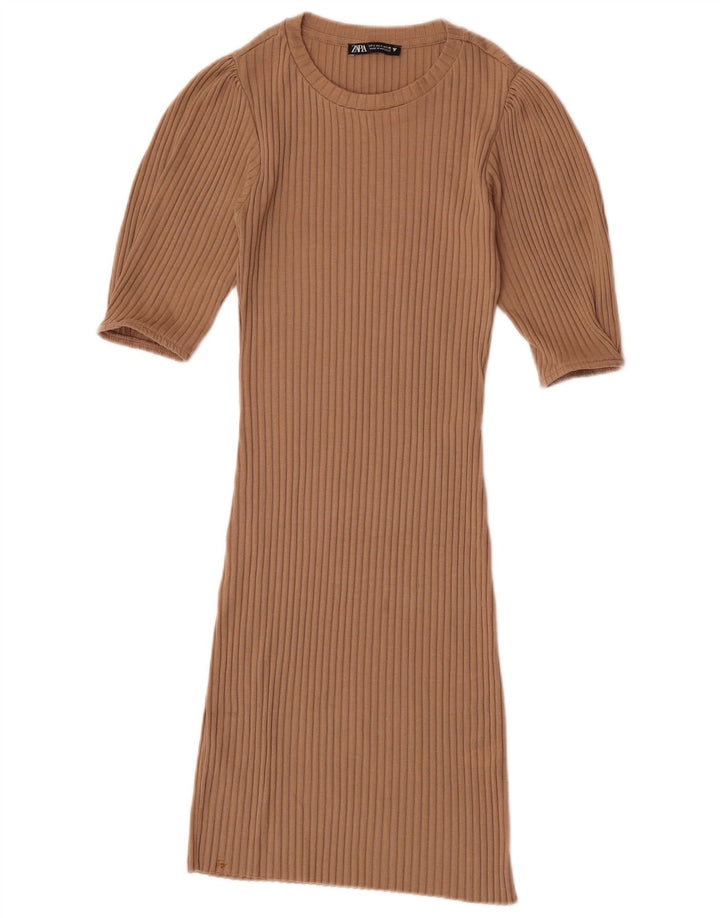 Zara Damen, figurbetontes Kleid, Größe S, Beige, Polyester