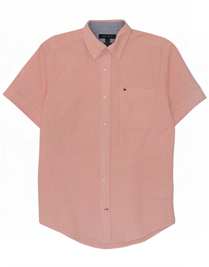 Tommy Hilfiger Herren-Hemd, kurzärmelig, normale Passform, klein, rosa, Leinen