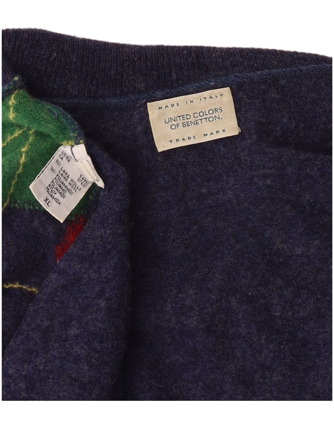 Benetton Herren Rollkragenpullover XL Marineblau Argyle/Diamond Classic