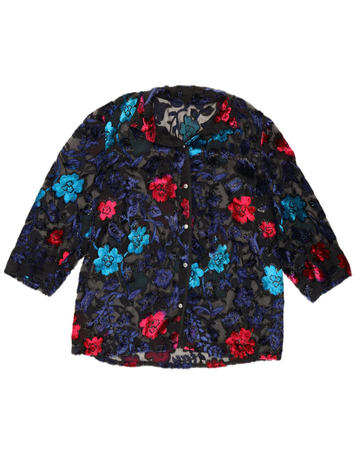 VINTAGE Womens See Through Shirt Blouse UK 12 Medium Black Floral