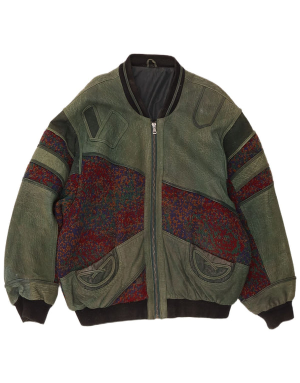 Vintage Herren Lederjacke EU 52 XL Khaki Colourblock Leder