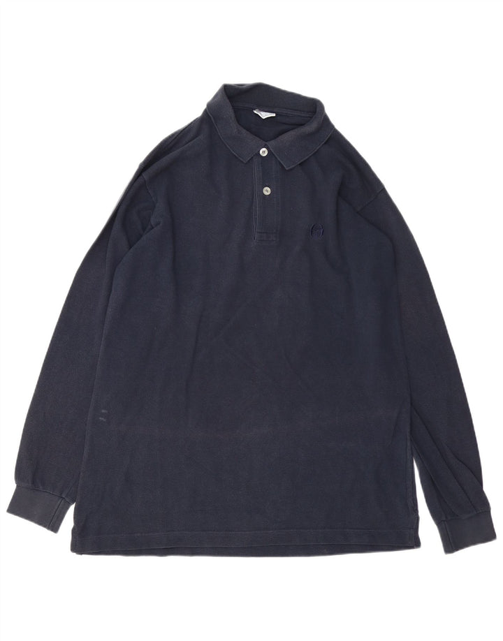 Sergio Tacchini Herren-Langarm-Poloshirt aus mittelblauer Baumwolle