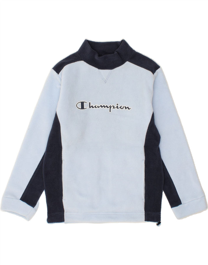 CHAMPION Boys Graphic Fleece Jumper 9-10 Years Blue Colourblock Polyester | Vintage Champion | Thrift | Second-Hand Champion | Used Clothing | Messina Hembry 