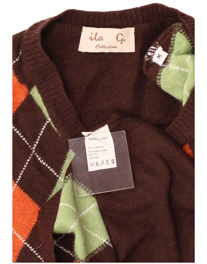 VINTAGE Damen Pullover mit V-Ausschnitt UK 12 Mittelbraun Argyle/Diamant