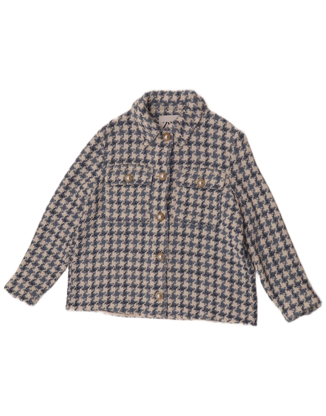 Zara Damen-Blazer mit 3/4-Ärmeln und 5 Knöpfen, Gr. 10, Größe S, blauer Hahnentrittmuster