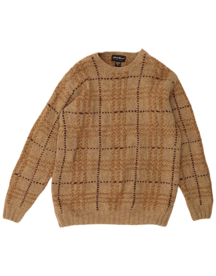 Eddie Bauer Herren-Pullover mit Rundhalsausschnitt, XL, braun karierte Lammwolle