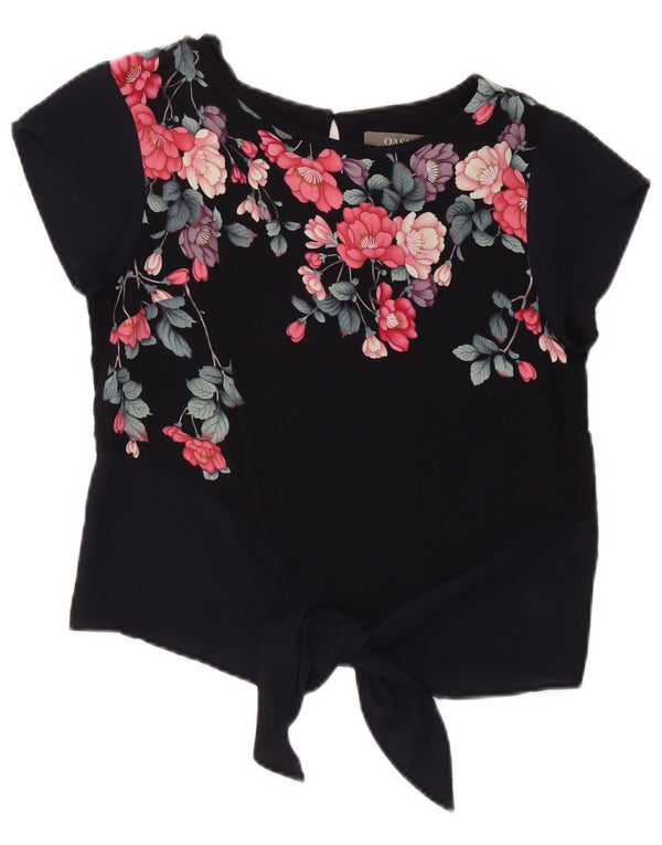 Oasis Damen-Bluse mit bauchfreiem Vorderteil und Bindeband, Größe S, Marineblau, Blumenmuster, Viskose
