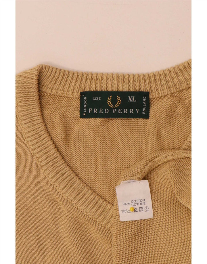 Fred Perry Herren V-Ausschnitt Pullover Pullover XL Beige Baumwolle