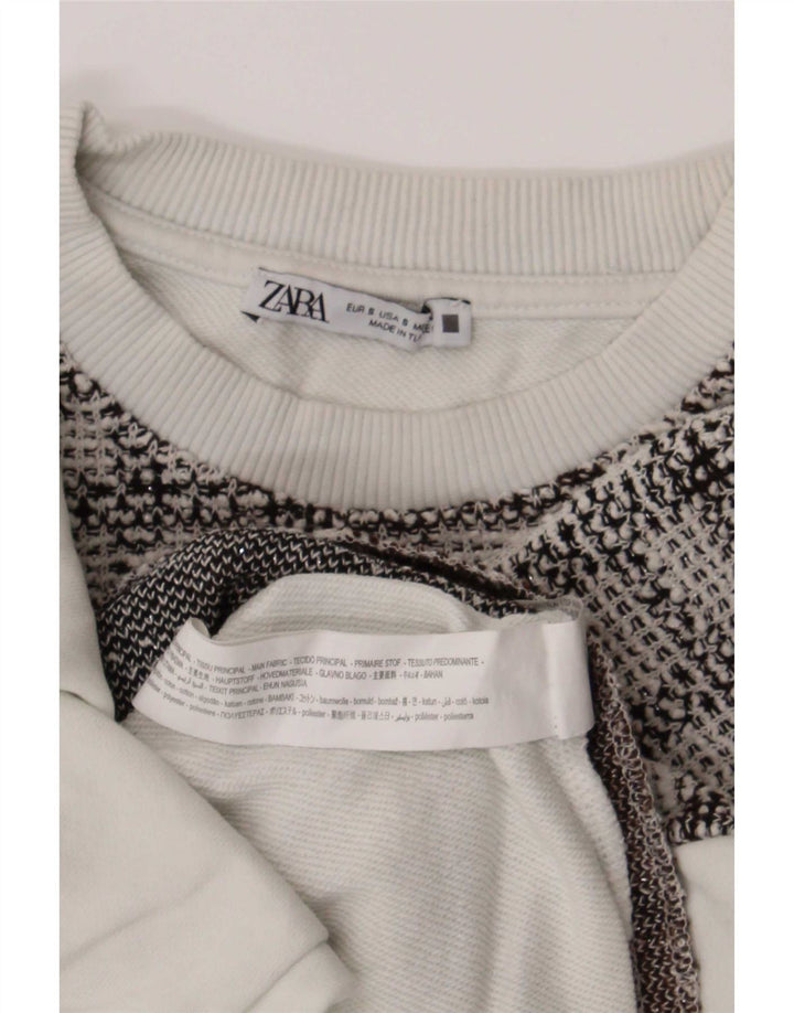 Zara Damen Crop Oversized Sweatshirt Pullover UK 10 Small Weiß Kariert Baumwolle