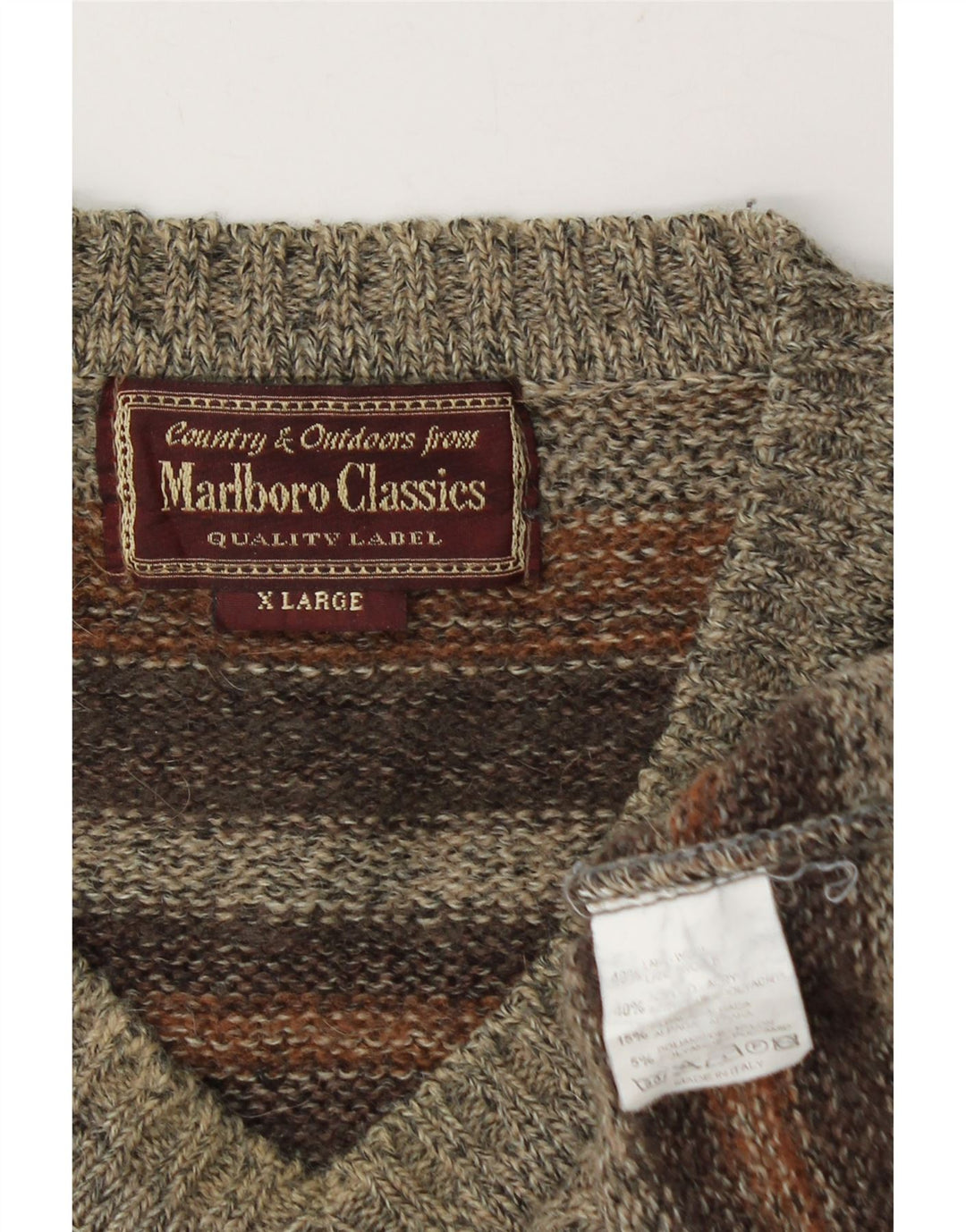 MARLBORO CLASSICS Herren-Pullover mit V-Ausschnitt, XL, braun gestreifte Wolle