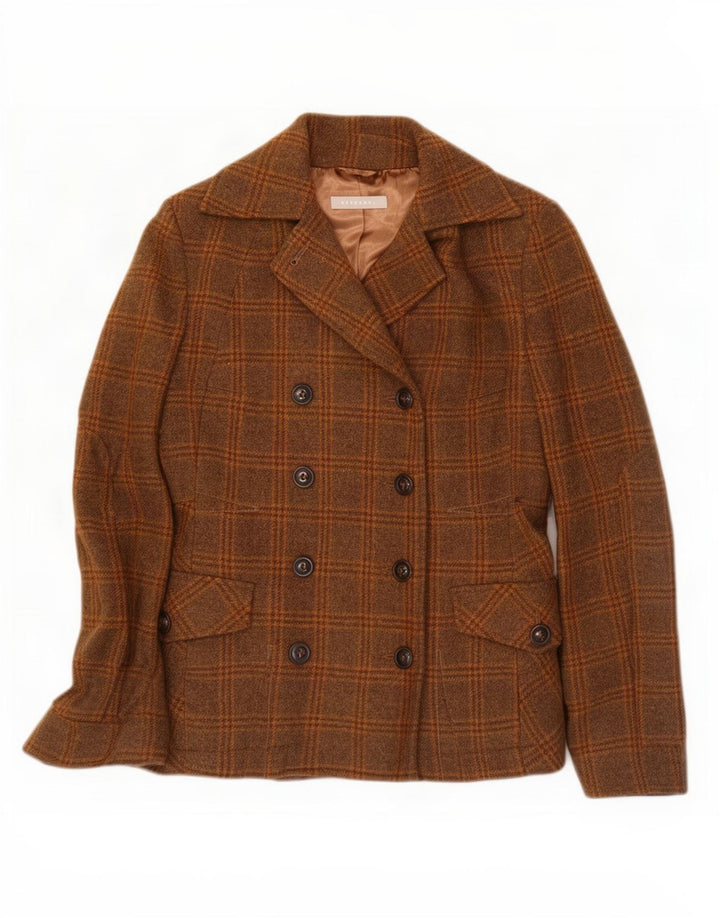 Stefanel Zweireihiger Damen-Blazer, UK 10, kleine braunkarierte Wolle