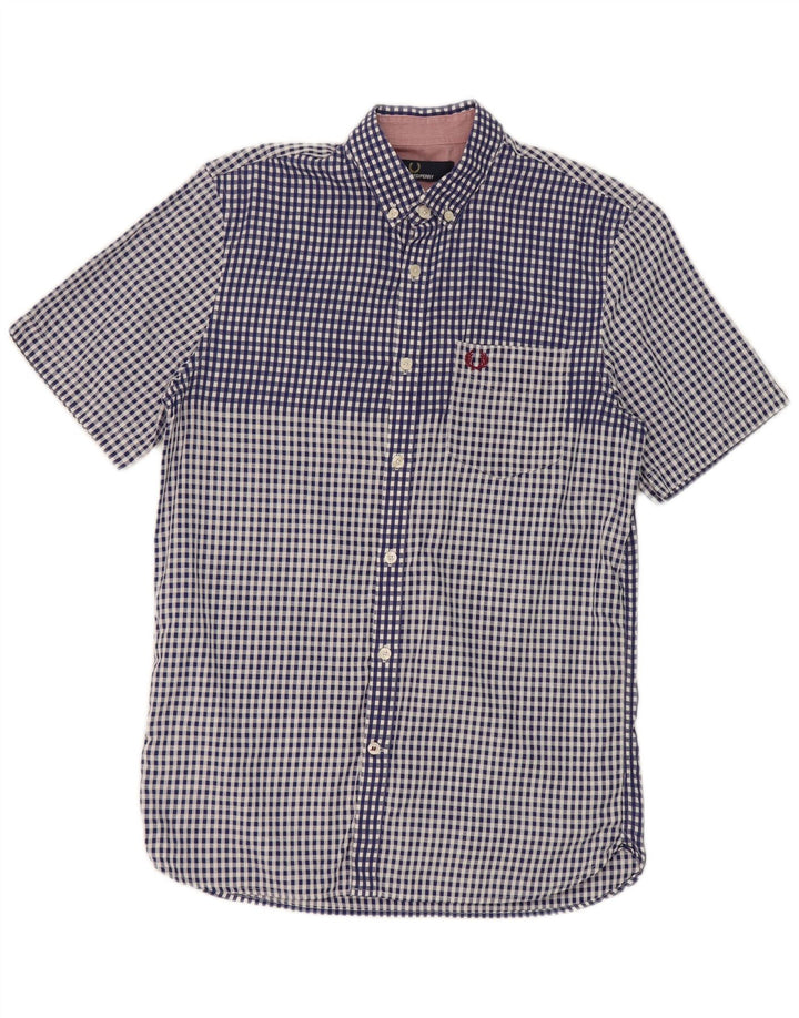 Fred Perry Herren-Kurzarmhemd, klein, blau kariert, Baumwolle