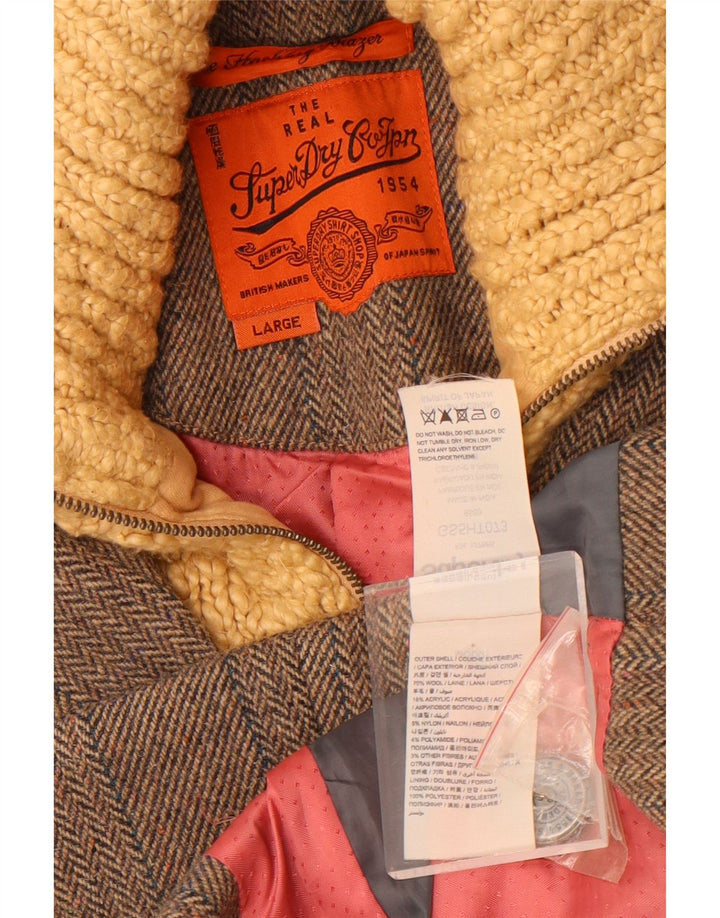 Superdry Damen-Blazerjacke mit 3 Knöpfen, UK 14, Größe L, graue Wolle mit Fischgrätenmuster