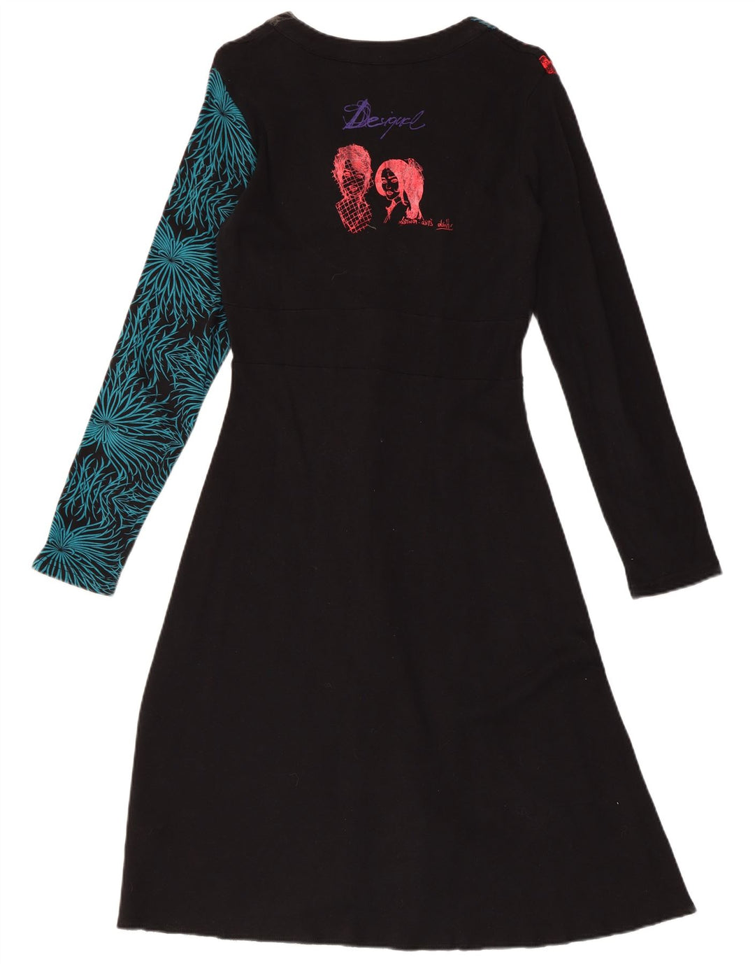 DESIGUAL Damen Grafik-Langarm-A-Linien-Kleid UK 18 XL Schwarz geblümt