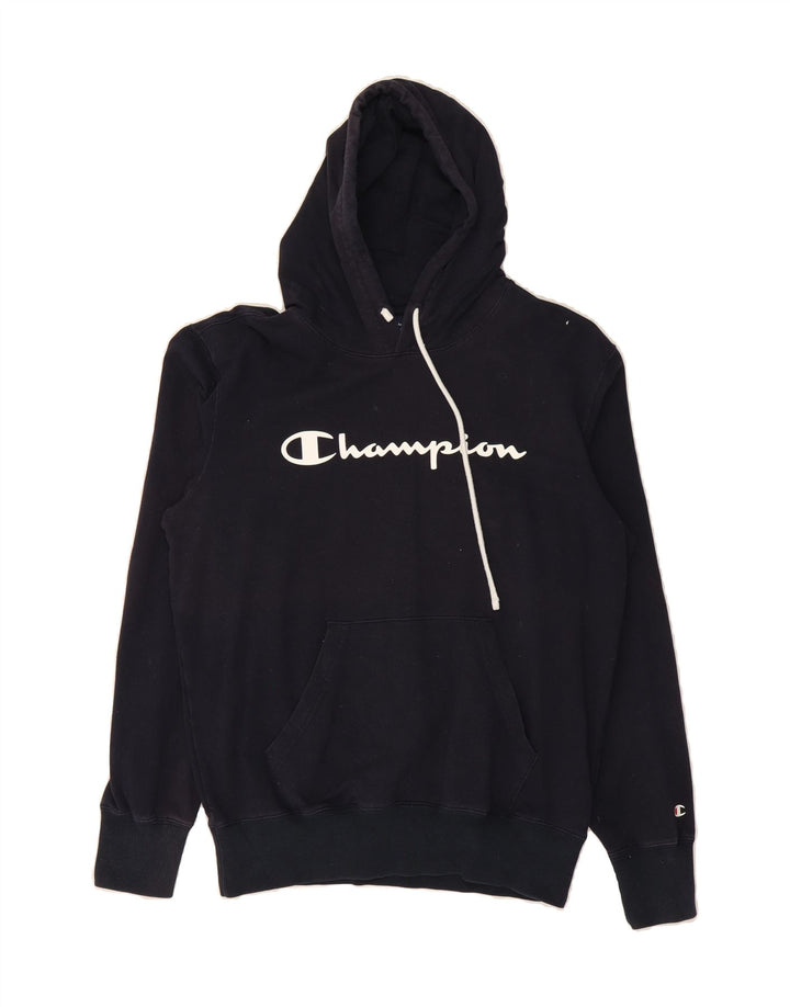 CHAMPION Mens Graphic Hoodie Jumper Medium Navy Blue Cotton Vintage Champion and Second-Hand Champion from Messina Hembry 