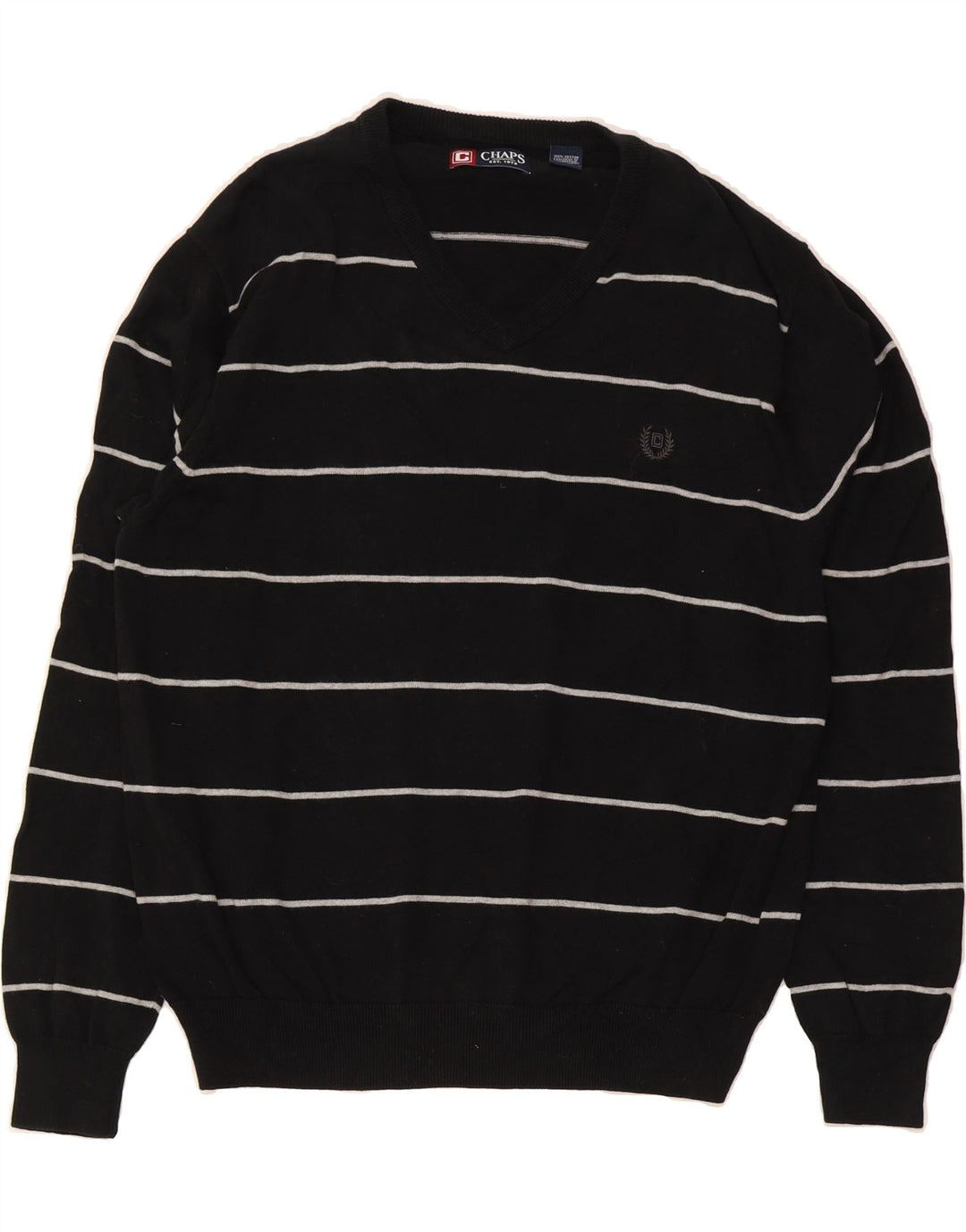 CHAPS Mens V-Neck Jumper Sweater XL Black Striped Cotton Vintage Chaps and Second-Hand Chaps from Messina Hembry 