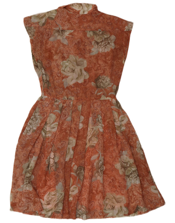 Vintage Damen Ärmelloses A-Linien-Kleid UK 14 Medium Orange Floral Retro