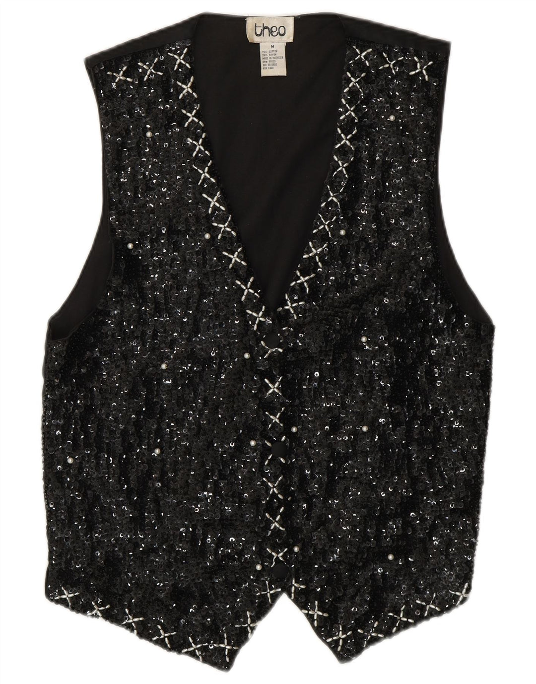 VINTAGE Damen Paillettenweste UK 14 Medium Schwarz Baumwolle 80er Jahre