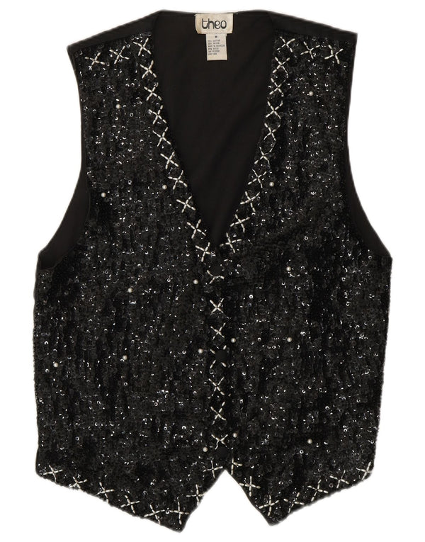 VINTAGE Damen Paillettenweste UK 14 Medium Schwarz Baumwolle 80er Jahre