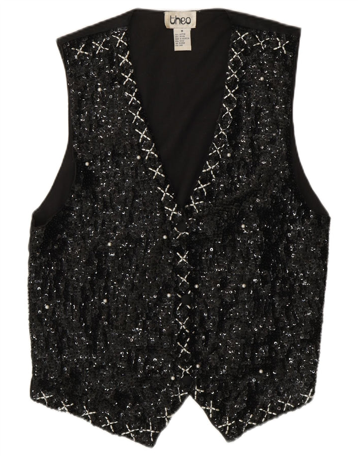 VINTAGE Damen Paillettenweste UK 14 Medium Schwarz Baumwolle 80er Jahre