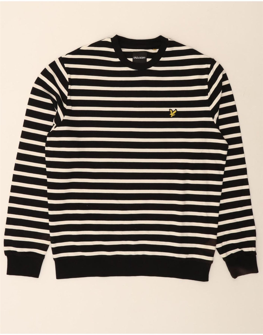 LYLE & SCOTT Herren-Pullover mit Rundhalsausschnitt, groß, schwarz gestreift, Baumwolle