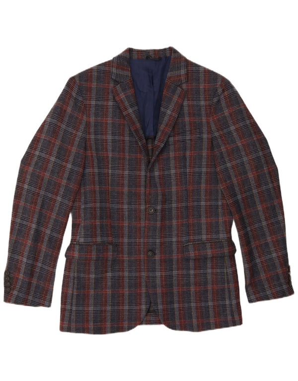 Benetton Herren-Blazer mit 2 Knöpfen, UK 38, mittelmarineblau, karierte Wolle