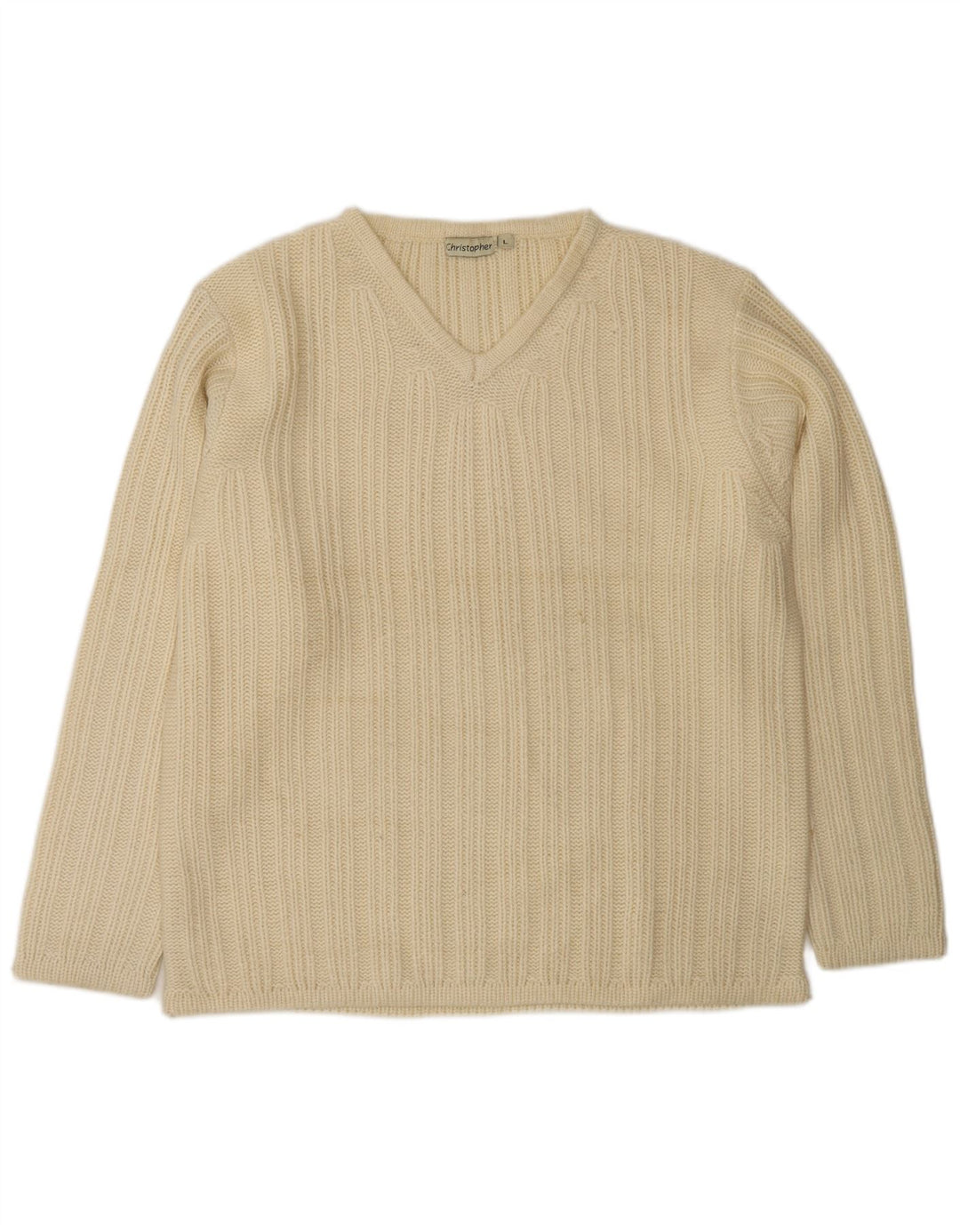 VINTAGE Herren-Pullover mit V-Ausschnitt, groß, aus weißer Wolle