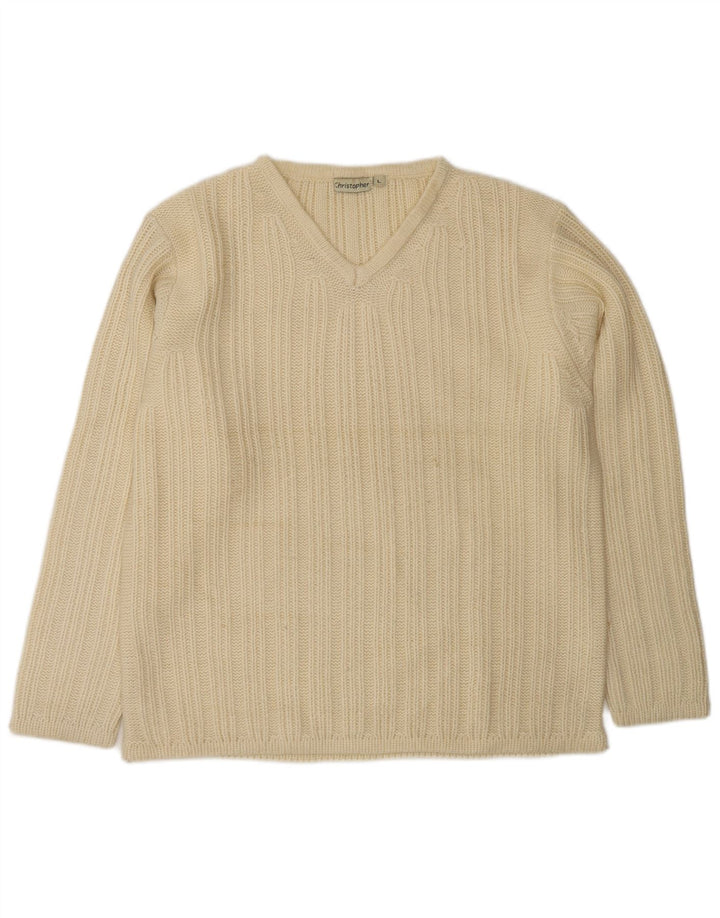 VINTAGE Herren-Pullover mit V-Ausschnitt, groß, aus weißer Wolle