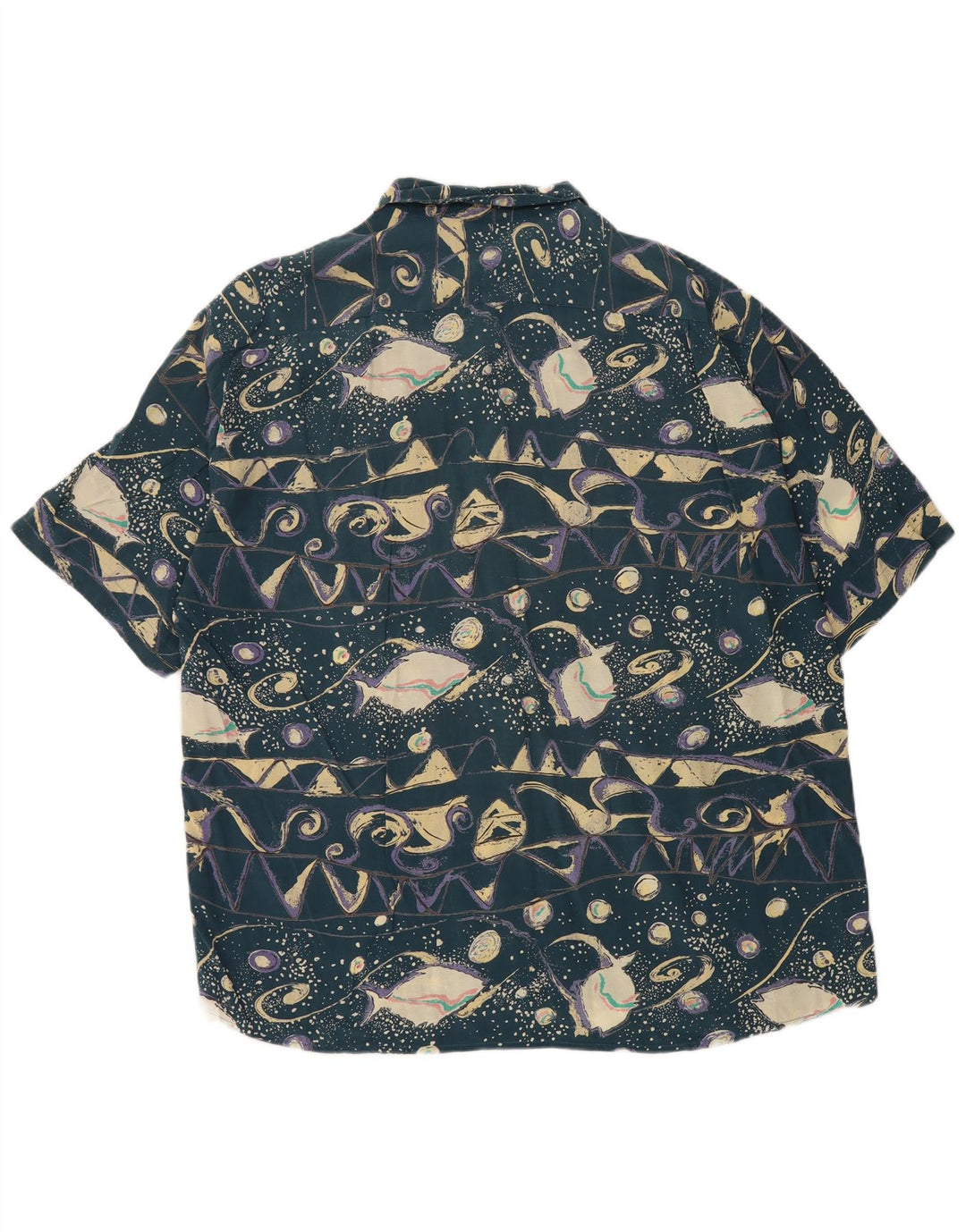 Vintage Herren Abstraktes Muster Kurzarmshirt XL Blau Viskose Retro