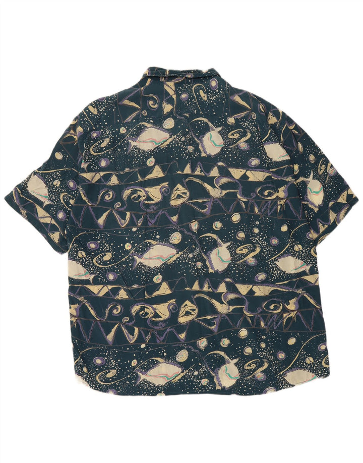 Vintage Herren Abstraktes Muster Kurzarmshirt XL Blau Viskose Retro