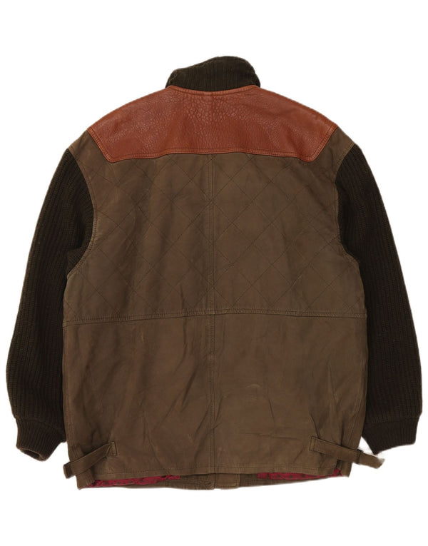 Vintage Herren Stricklederjacke UK 42 XL Khaki Colourblock Classic