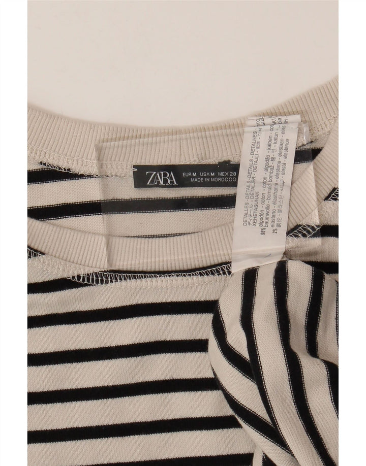 Zara Damen Top Langarm UK 14 Mittelweiß gestreift Baumwolle