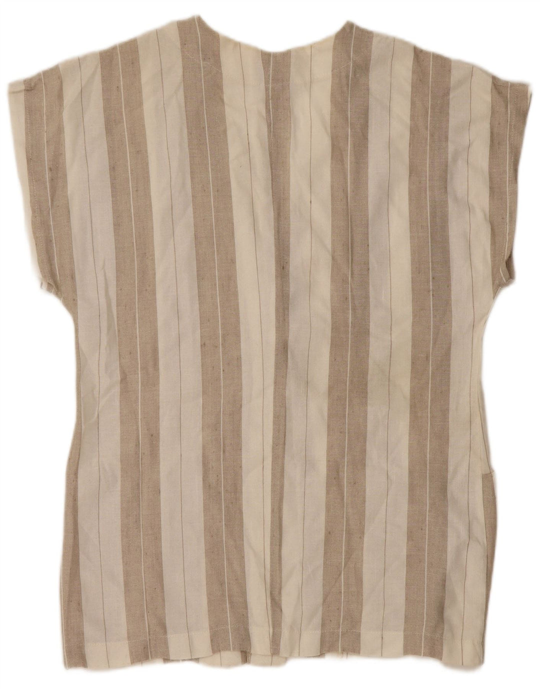 Vintage Damen Kurzarm-Hemdbluse UK 14 Medium Beige Gestreiftes Leinen